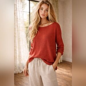Eileen Fisher 100% Organic Linen Knit Top | Rust / Terracotta | Relaxed Fit